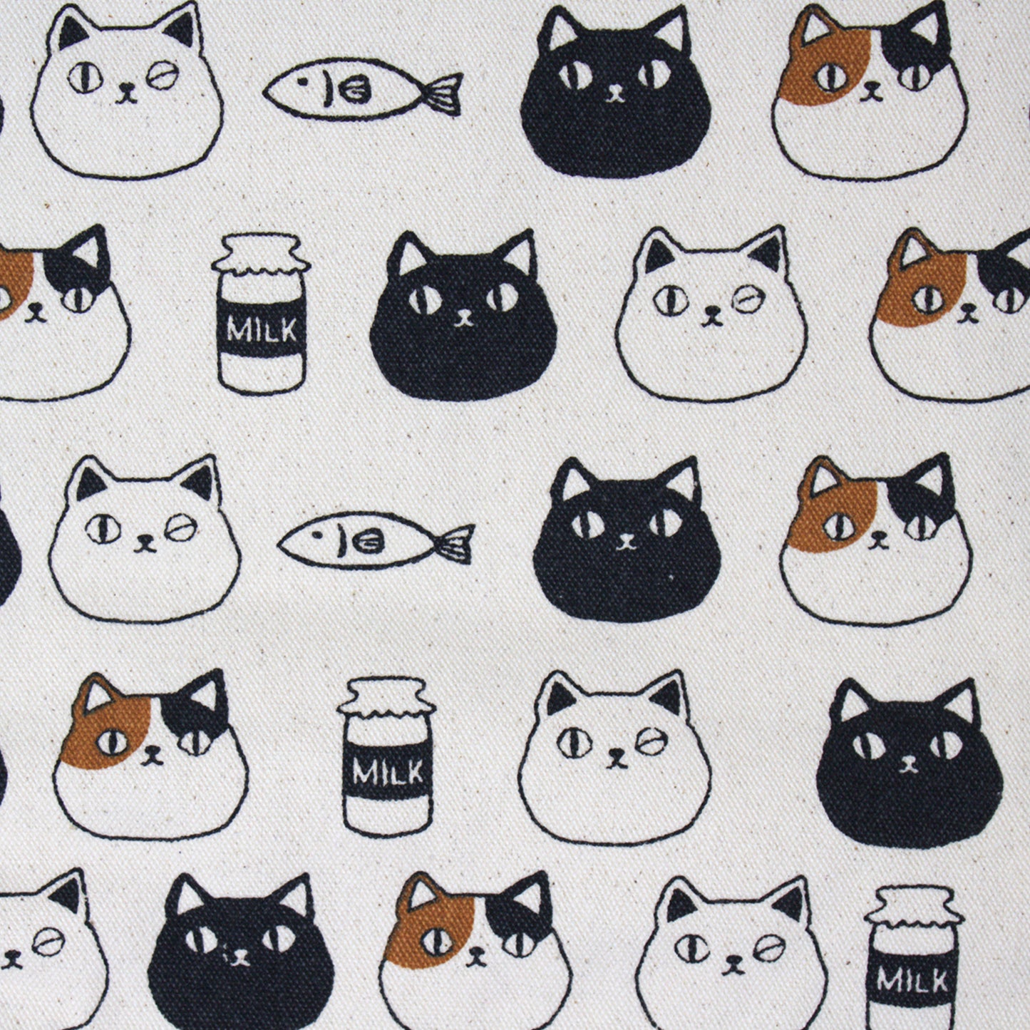 Canvas tote bag with cute cat faces of Shiro, Kuro, and Mike from the Nyan-ya series, featuring black polka dot handles and inner pocket – perfect for cat lovers.