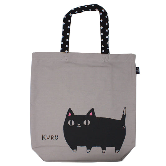 3 Cat Brothers black cat canvas tote bag from Nyan-ya series with KURO the black cat printed on beige cotton, black polka dot handle, and inner pocket – kawaii gift for cat lovers
