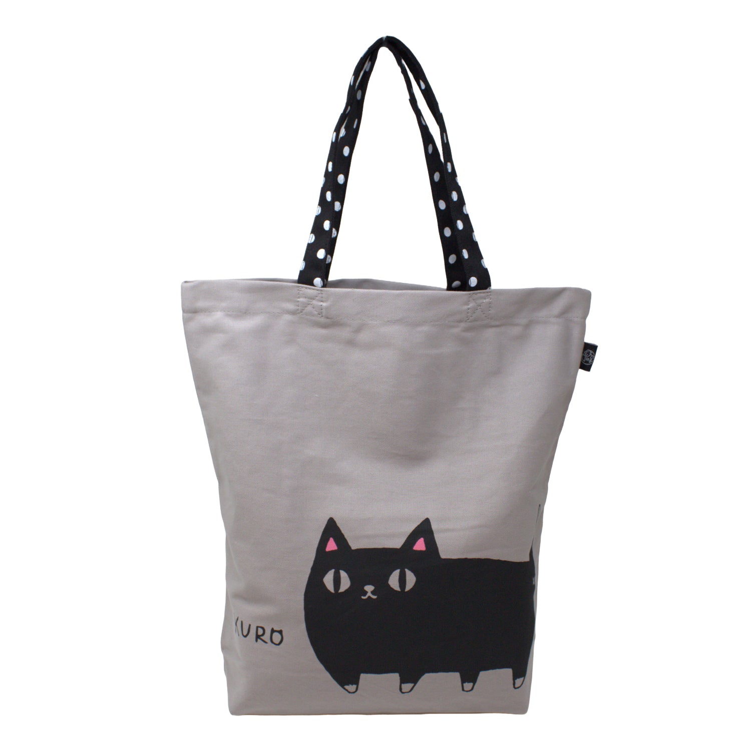 3 Cat Brothers black cat canvas tote bag from Nyan-ya series with KURO the black cat printed on beige cotton, black polka dot handle, and inner pocket – kawaii gift for cat lovers