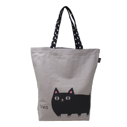 3 Cat Brothers black cat canvas tote bag from Nyan-ya series with KURO the black cat printed on beige cotton, black polka dot handle, and inner pocket – kawaii gift for cat lovers