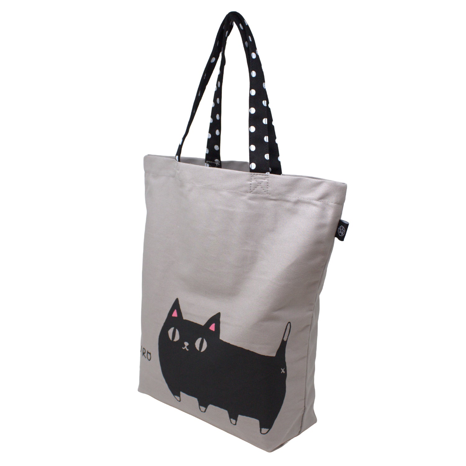 3 Cat Brothers black cat canvas tote bag from Nyan-ya series with KURO the black cat printed on beige cotton, black polka dot handle, and inner pocket – kawaii gift for cat lovers