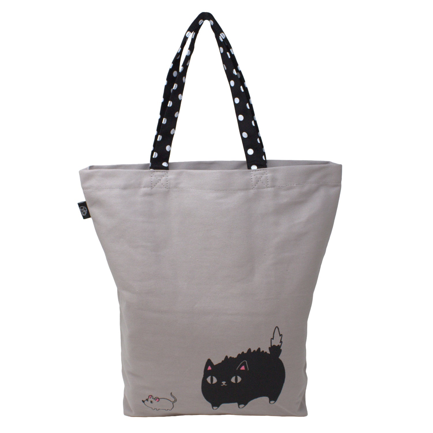 3 Cat Brothers black cat canvas tote bag from Nyan-ya series with KURO the black cat printed on beige cotton, black polka dot handle, and inner pocket – kawaii gift for cat lovers