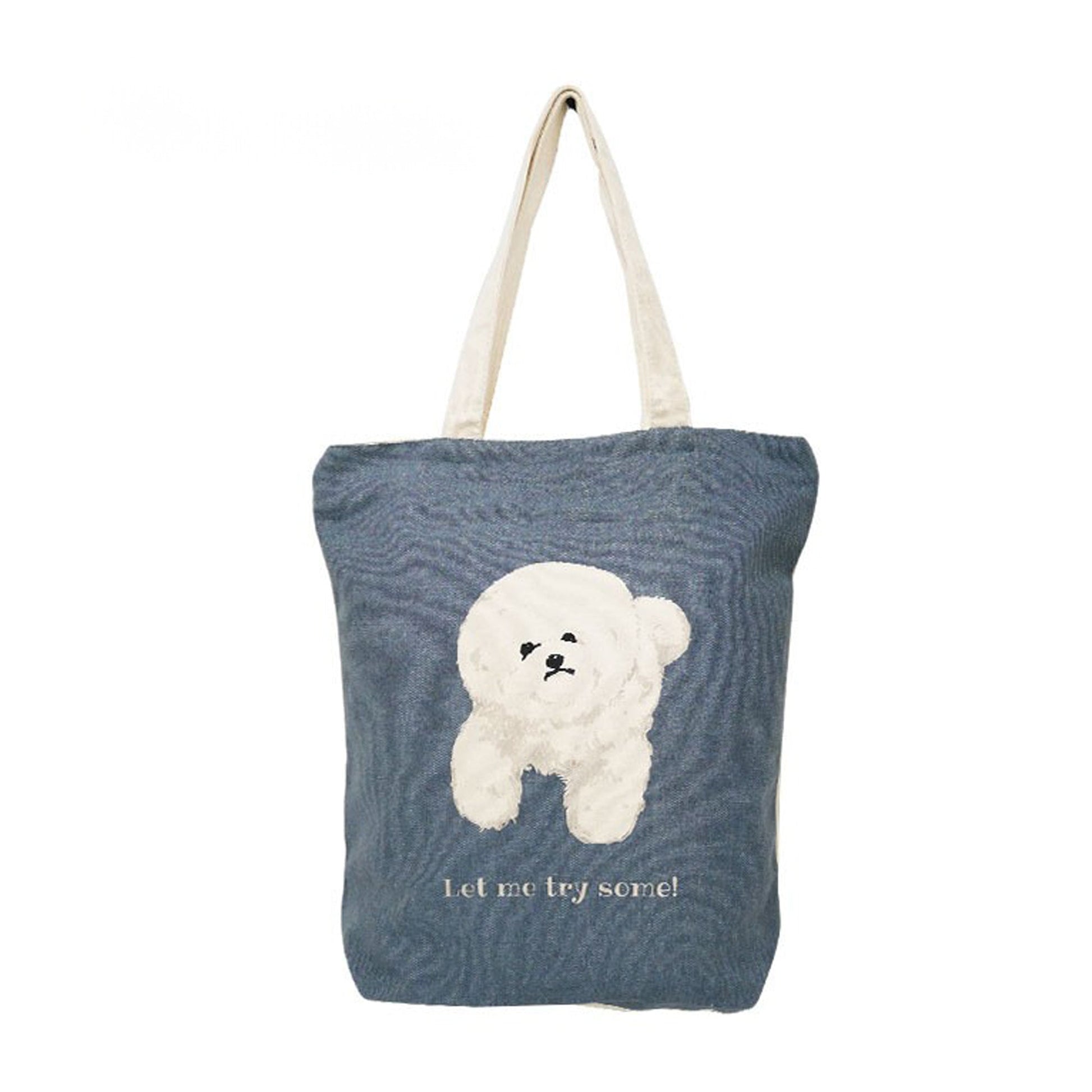 Begging Bichon Tall Vertical Canvas Tote Bag (Navy) – Zip-Top + Inner Pocket by Julymoon