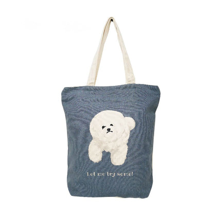 Begging Bichon Tall Vertical Canvas Tote Bag (Navy) – Zip-Top + Inner Pocket by Julymoon