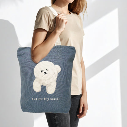 Begging Bichon Tall Vertical Canvas Tote Bag (Navy) – Zip-Top + Inner Pocket by Julymoon