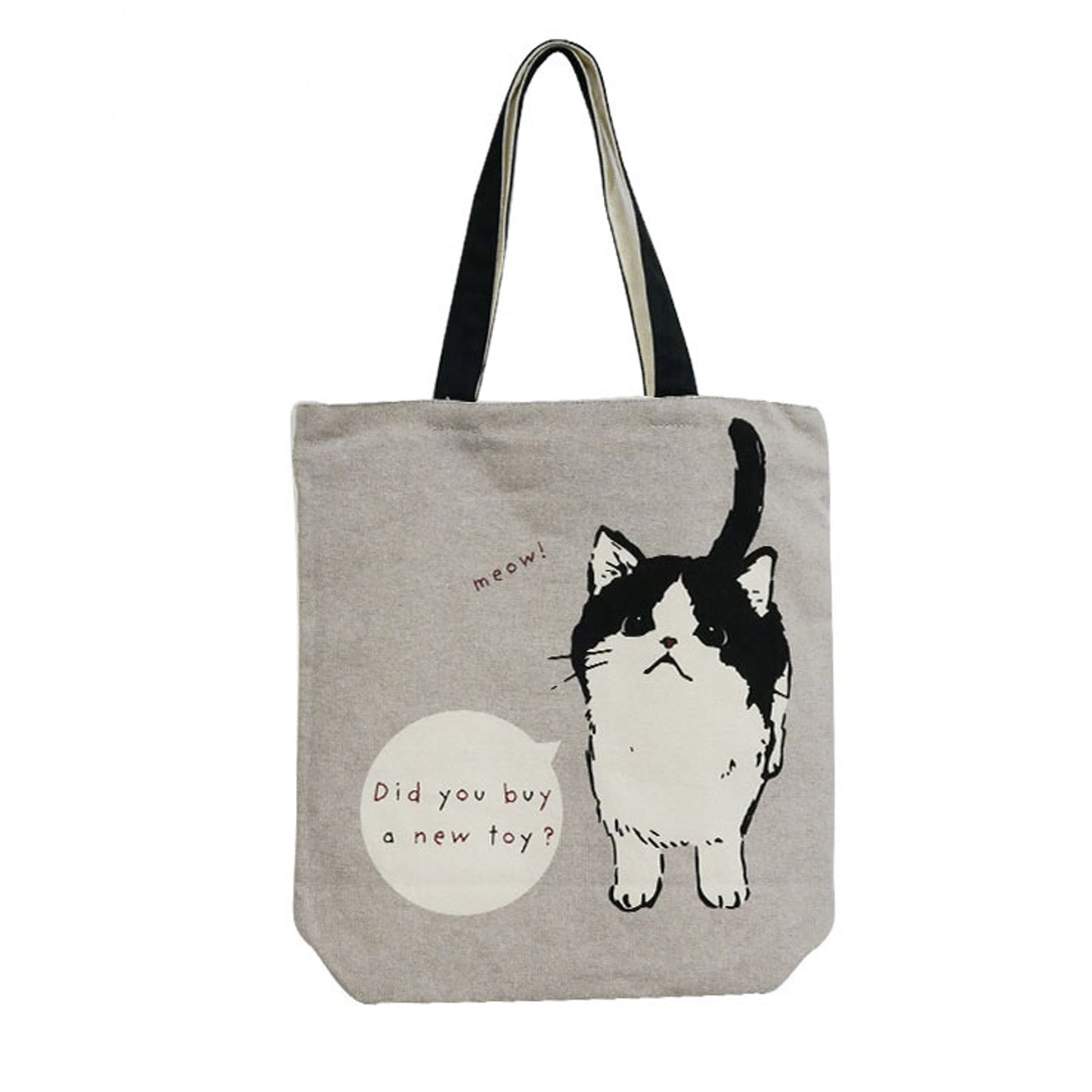 Mamehachi black and white cat tall vertical canvas tote bag in gray with black handles, zip-top and inner pocket, fits letter-size papers upright