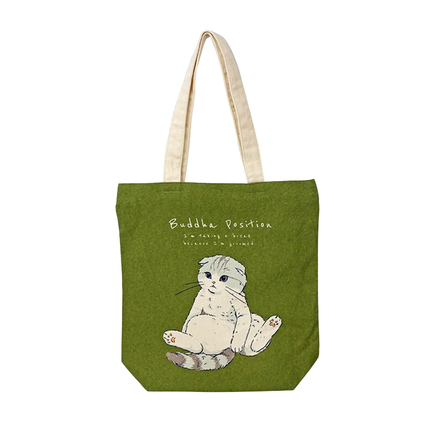 Buddha Position cat tall vertical canvas tote bag in khaki olive green with zip-top, fits letter-size papers upright