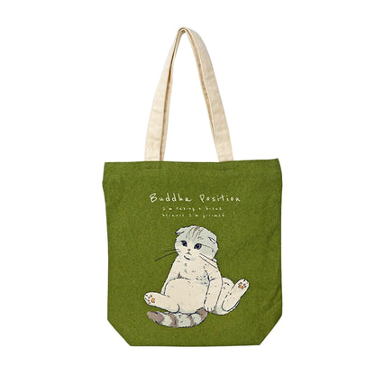Buddha Position cat tall vertical canvas tote bag in khaki olive green with zip-top, fits letter-size papers upright
