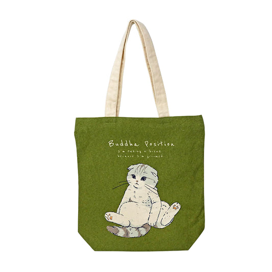 Buddha Position cat tall vertical canvas tote bag in khaki olive green with zip-top, fits letter-size papers upright