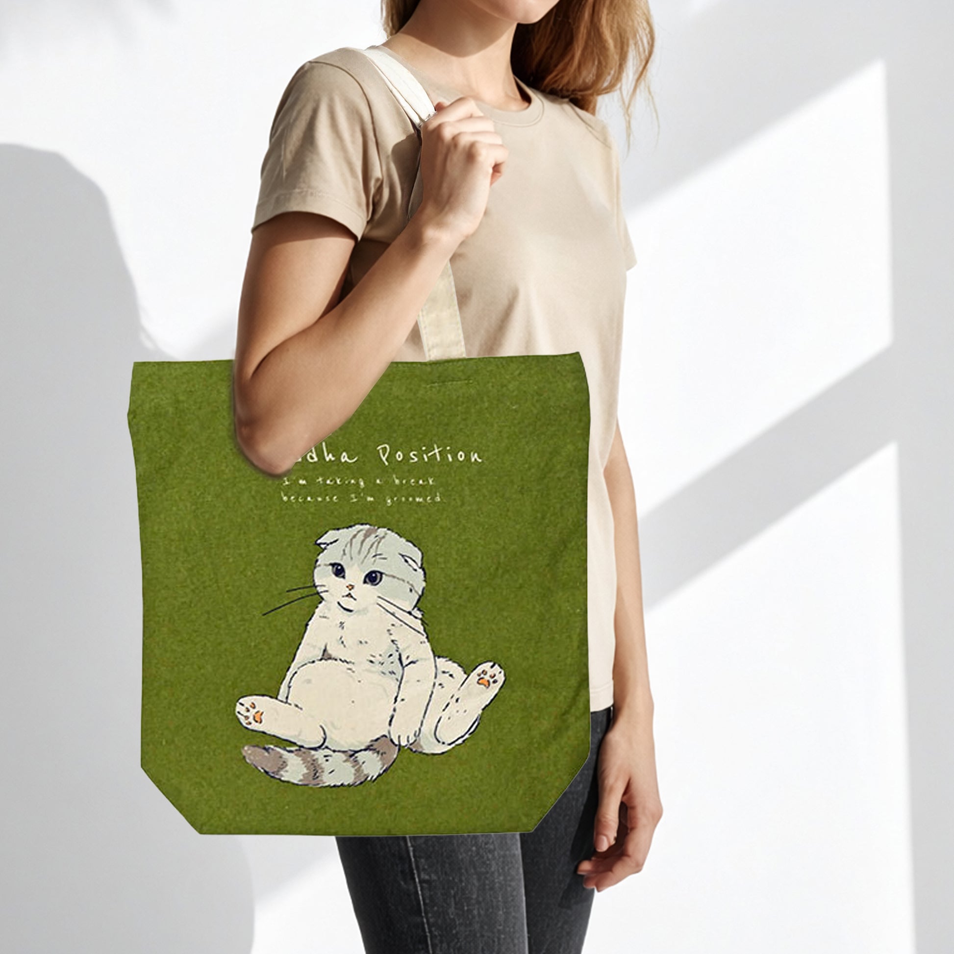 Buddha Position Cat Tall Vertical Canvas Tote Bag (Khaki) – Zip-Top + Inner Pocket by Julymoon