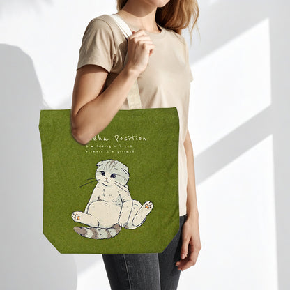 Buddha Position Cat Tall Vertical Canvas Tote Bag (Khaki) – Zip-Top + Inner Pocket by Julymoon