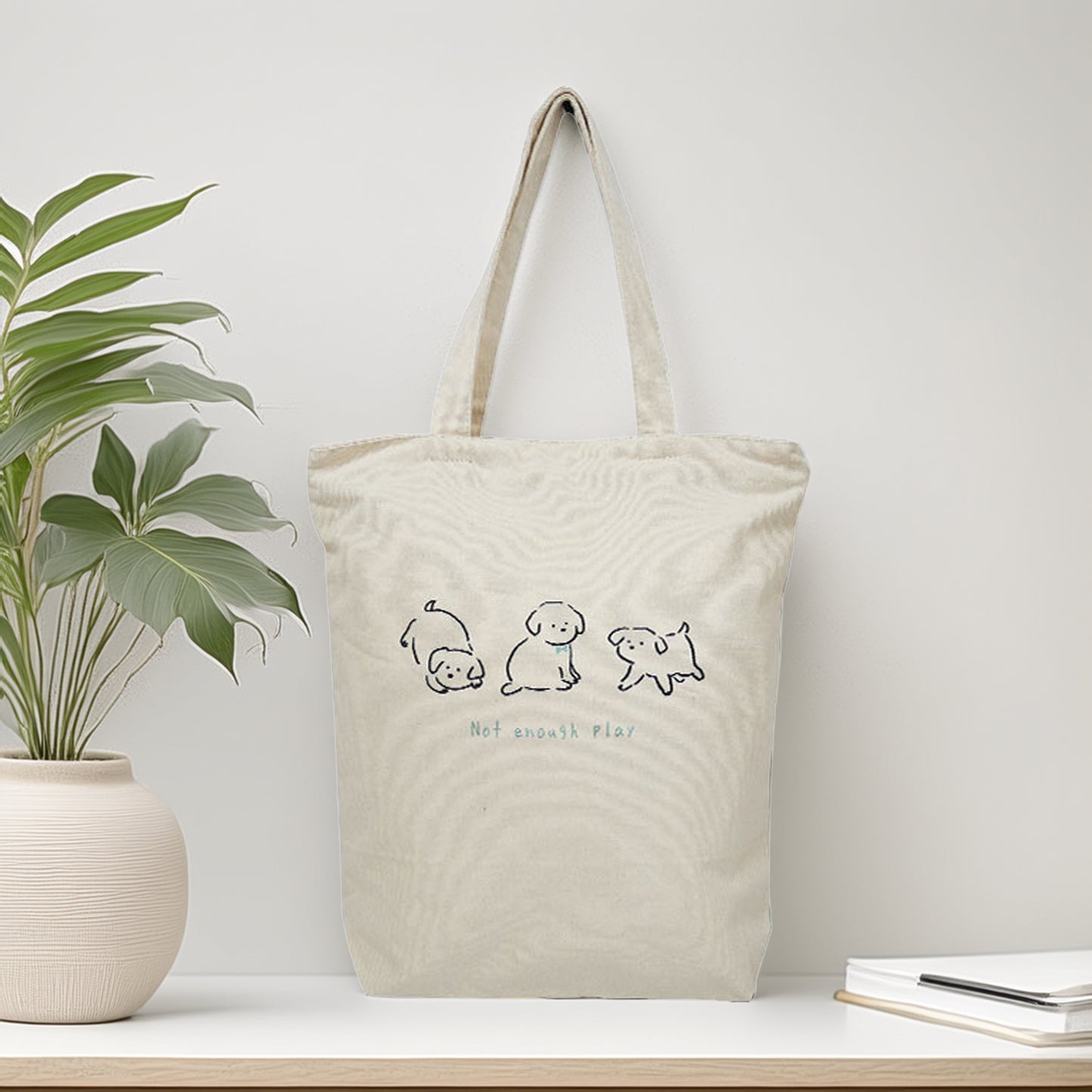 3 Puppy Vertical Canvas Tote (Natural Canvas) – Zip-Top Tote Bag with Inner Pocket by Julymoon