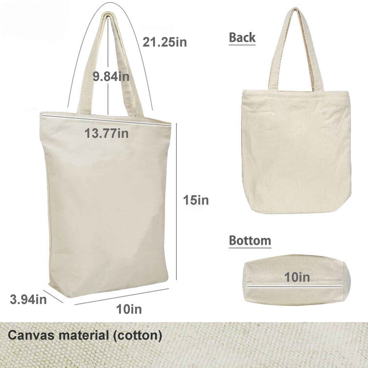 3 Puppy vertical canvas tote bag size guide, 10x15x3.94 inches, handle drop 21.25 inches