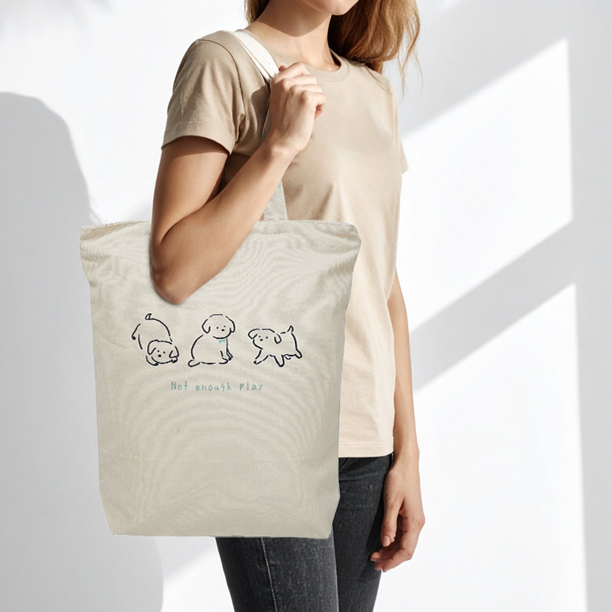 3 Puppy Vertical Canvas Tote (Natural Canvas) – Zip-Top Tote Bag with Inner Pocket by Julymoon