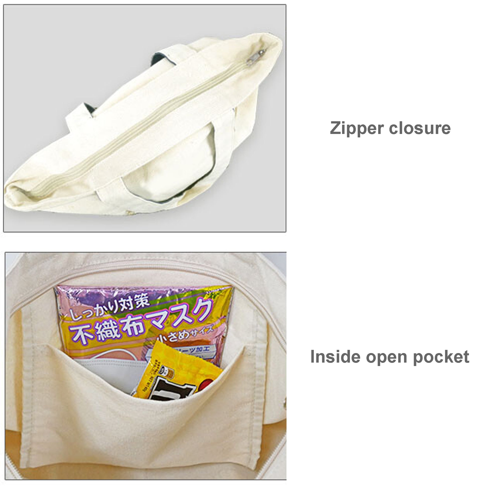 Canvas tote bag zipper closure and inner open pocket detail, cotton tote organizer pocket