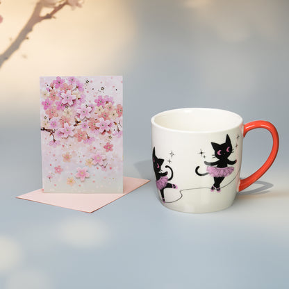 Cat Lover Valentine Gift Set – Ropi Ballet Mug + Cherry Blossom Embossed Card