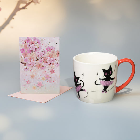 Cat Lover Valentine Gift Set – Ropi Ballet Mug + Cherry Blossom Embossed Card