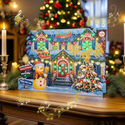 Decorative Christmas scene with a house, tree, and Christmas lights and musical card on a wooden surface with festive lights and decorations.