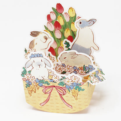 🐰 Rabbit Pop-Up Card – 3D Spring & Easter Wicker Basket with Tulips – Made in Japan - Miss Girlie Girl