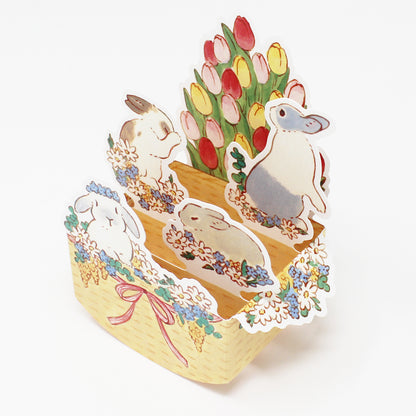 🐰 Rabbit Pop-Up Card – 3D Spring & Easter Wicker Basket with Tulips – Made in Japan - Miss Girlie Girl