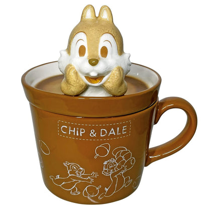 Disney Chip 'n Dale brown porcelain mug by SUNART with white character illustrations and a removable lid featuring a sculpted 3D Chip figurine.