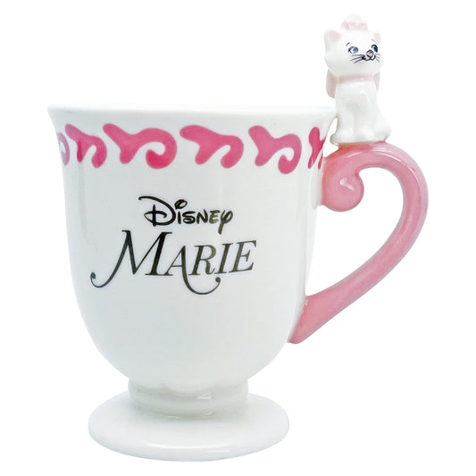 Front view of Disney The Aristocats Marie porcelain mug by SUNART, featuring Marie lettering, pink decorative rim, and a sculpted Marie kitten on the pink handle.