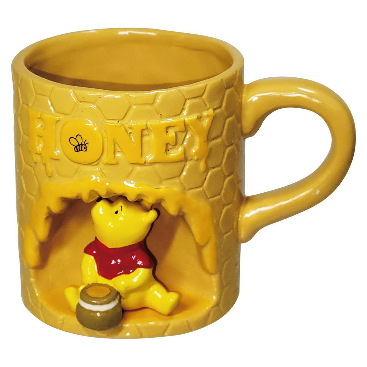 Disney Winnie the Pooh honeycomb 3D porcelain mug by SUNART featuring a sculpted Pooh figure seated in a beehive-inspired design