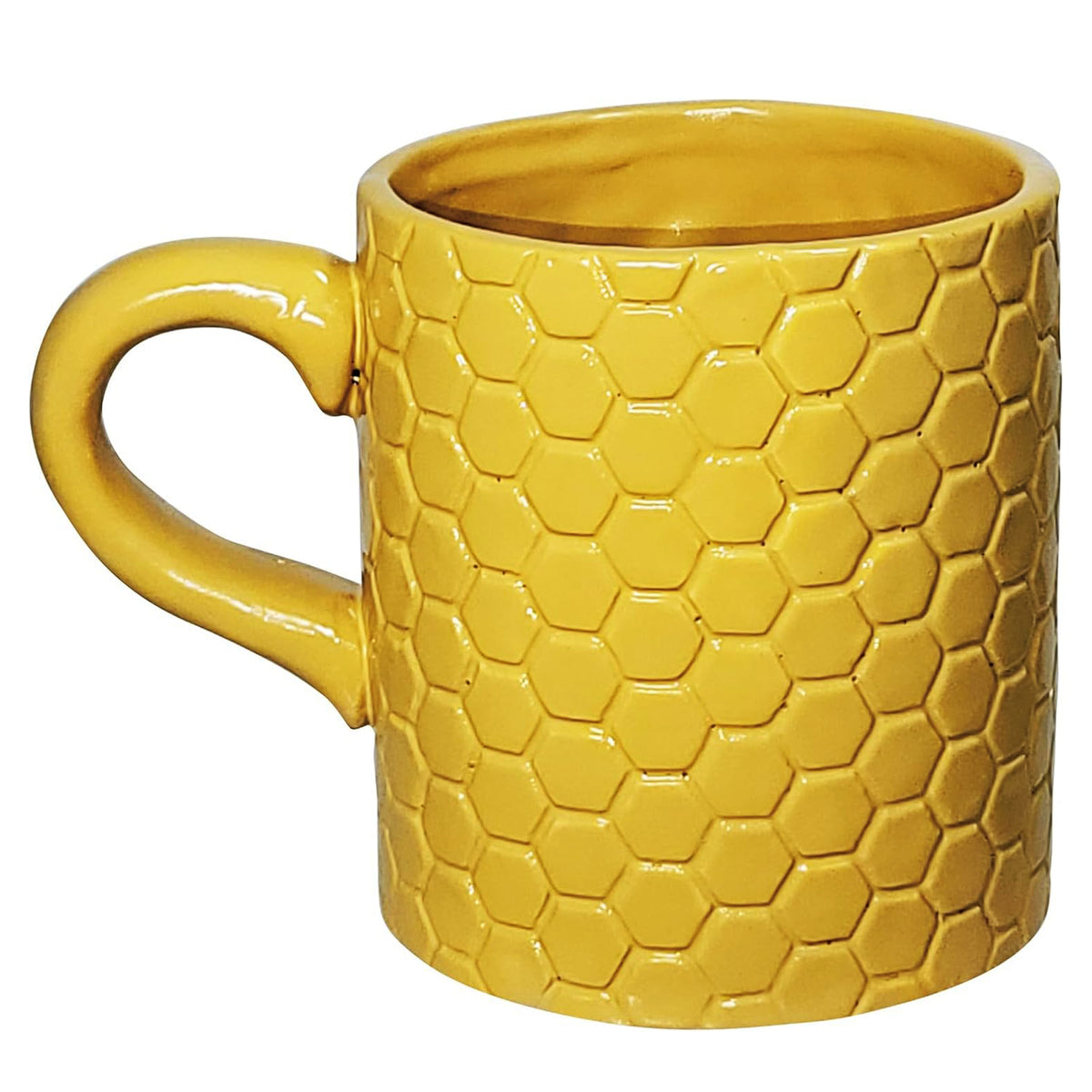 Back view of Disney Winnie the Pooh yellow porcelain mug by SUNART showing raised honeycomb texture and curved handle