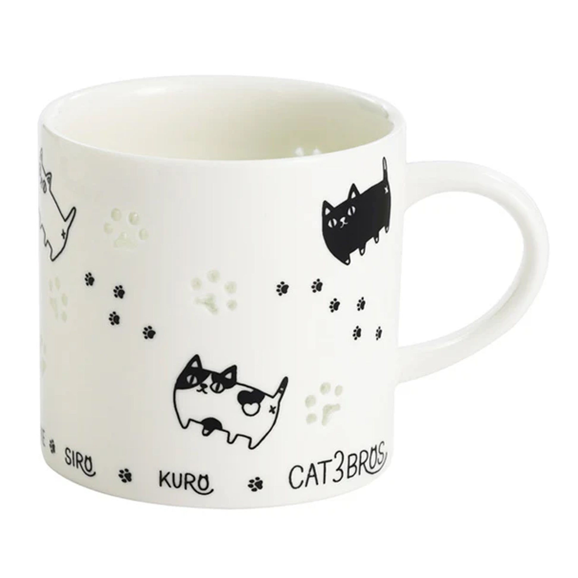 Openwork porcelain cat mug with marching 3 Cat Brothers design and paw-shaped cutout
