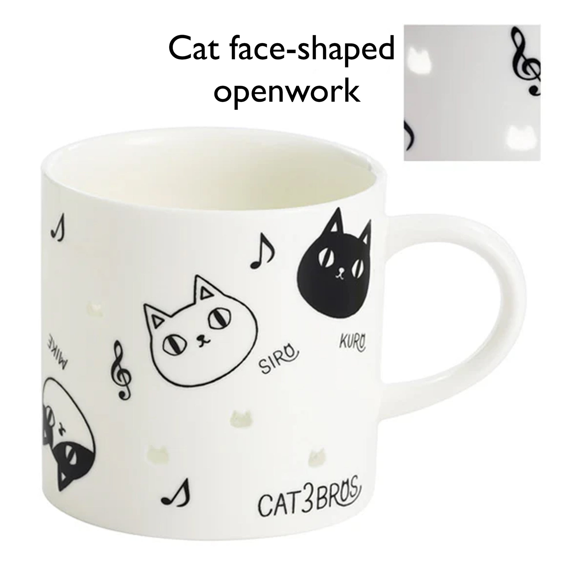 White mug with black cat face designs and 'Cat3Bros' branding on a white background.