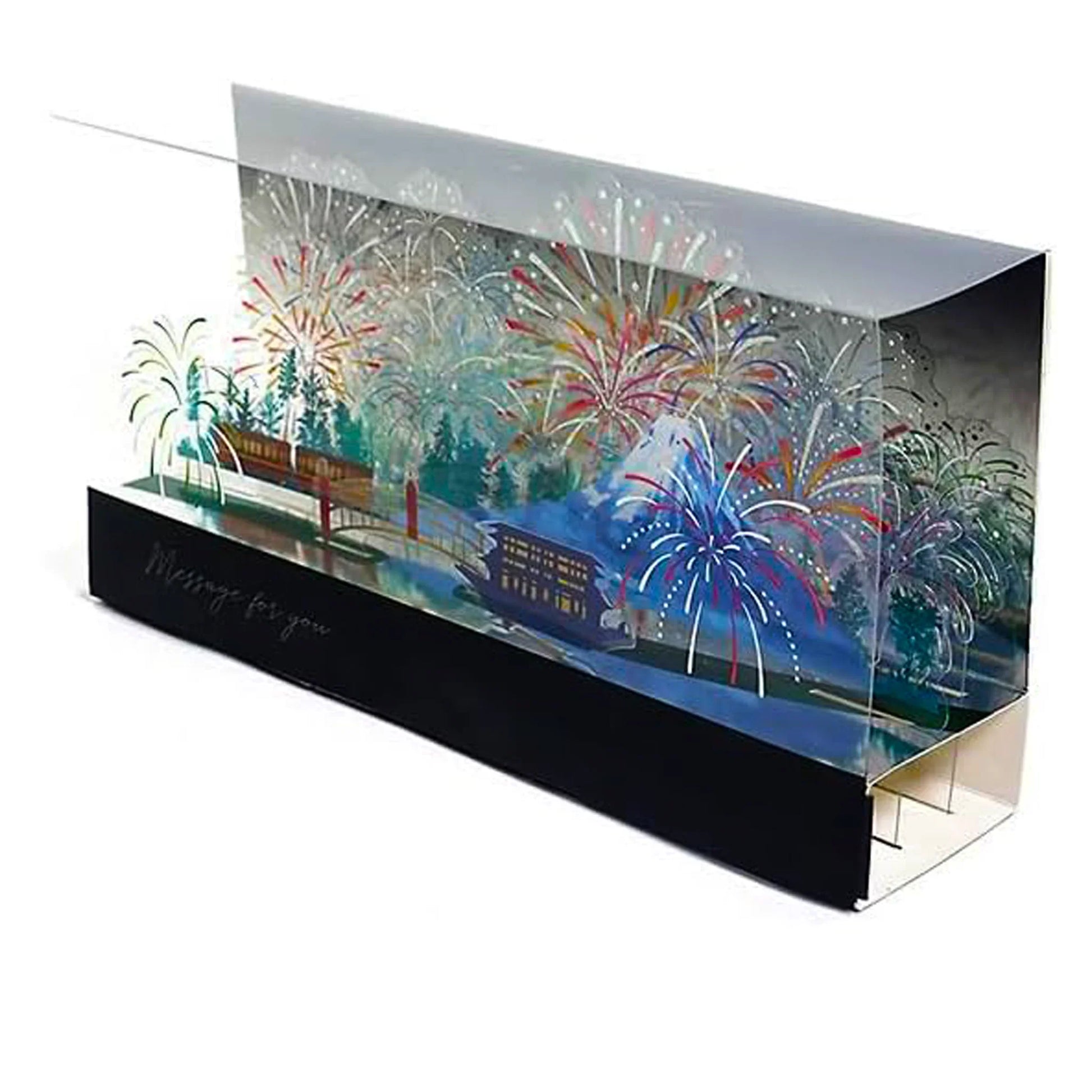 3D cubic fireworks display pop-up card with holographic foil – summer celebration greeting