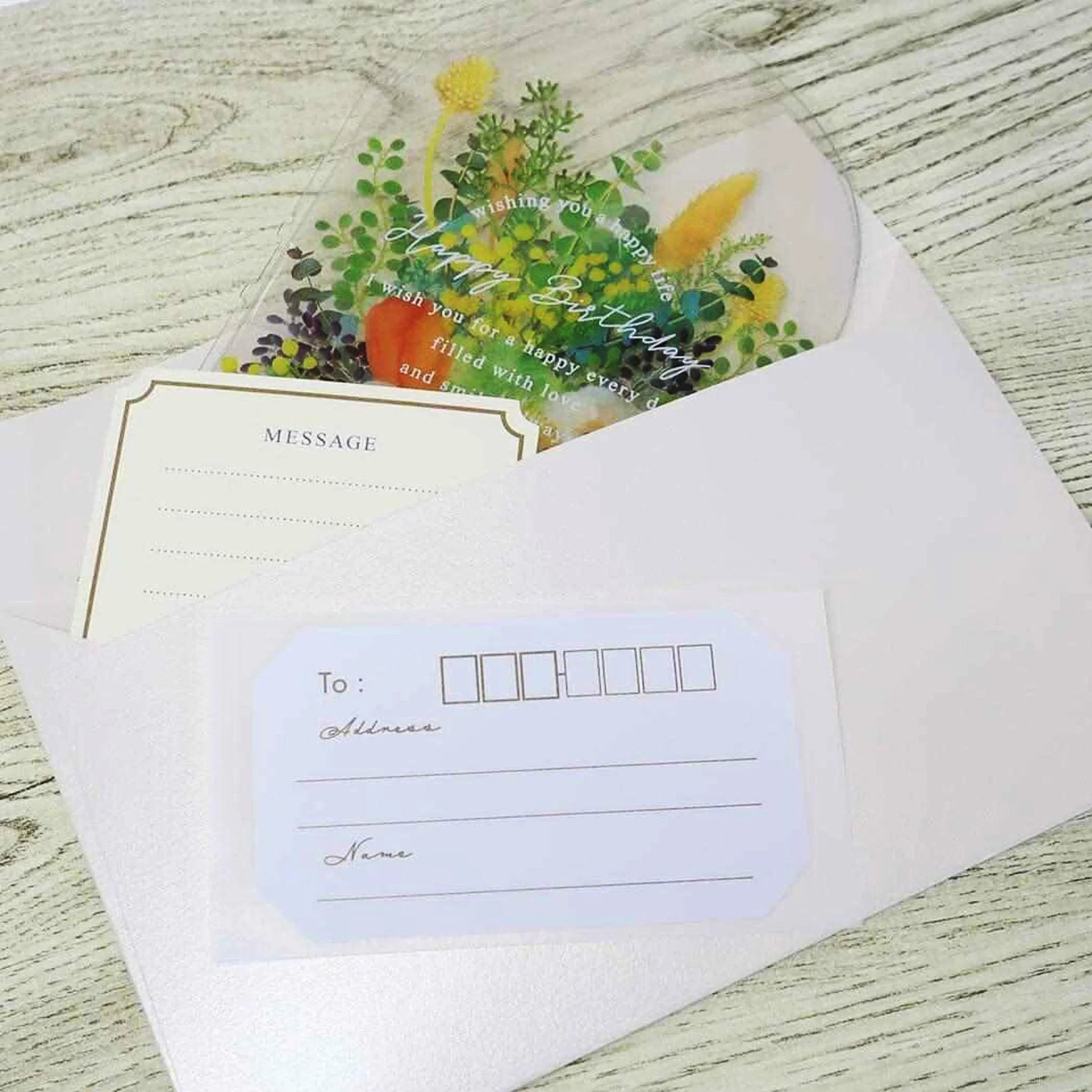 Floral Dome Pop-Up Card with Yellow Flowers – Transparent birthday card shaped like a glass bottle, includes mini message card and pearl cream envelope