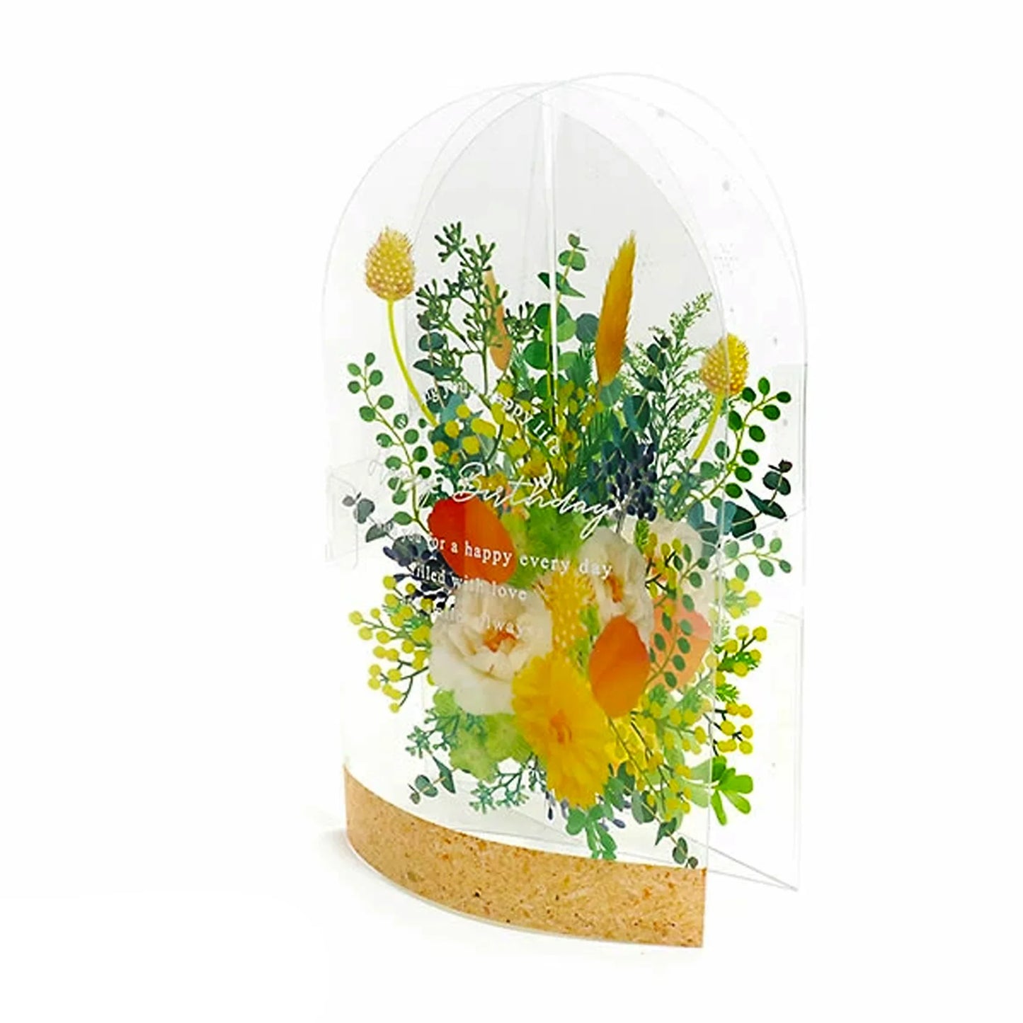 Floral Dome Pop-Up Card with Yellow Flowers – Transparent birthday card shaped like a glass bottle, includes mini message card and pearl cream envelope