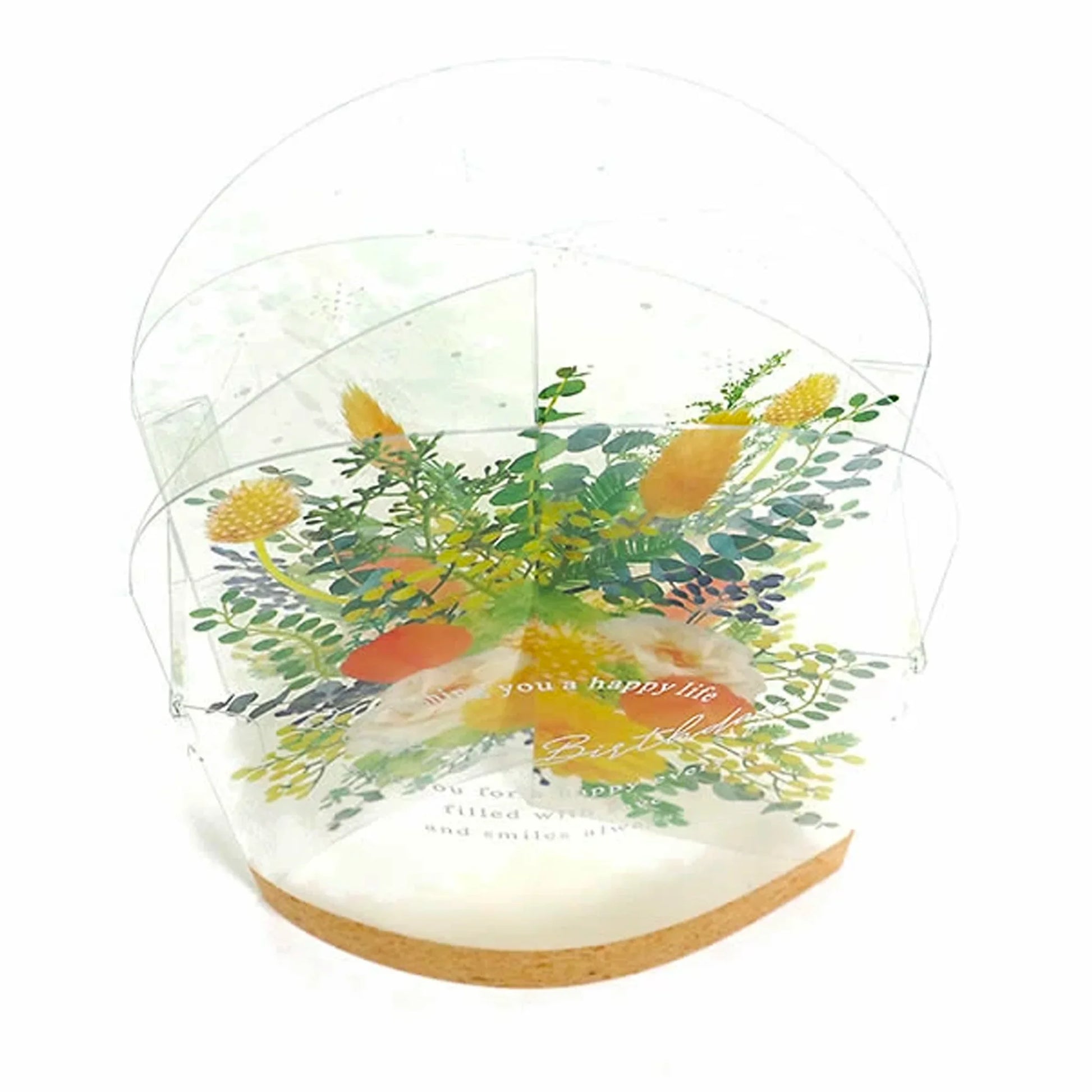 Floral Dome Pop-Up Card with Yellow Flowers – Transparent birthday card shaped like a glass bottle, includes mini message card and pearl cream envelope