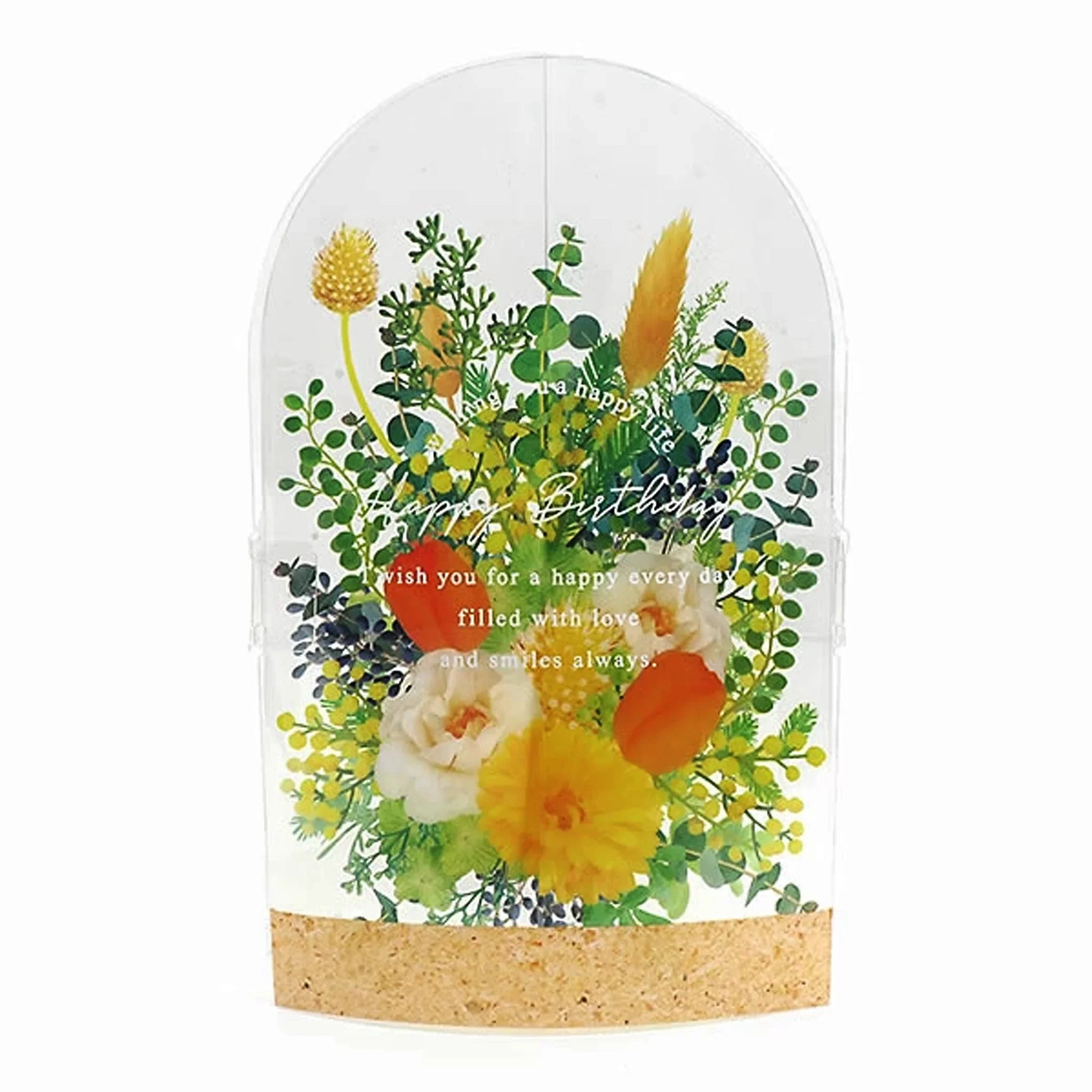 Floral Dome Pop-Up Card with Yellow Flowers – Transparent birthday card shaped like a glass bottle, includes mini message card and pearl cream envelope