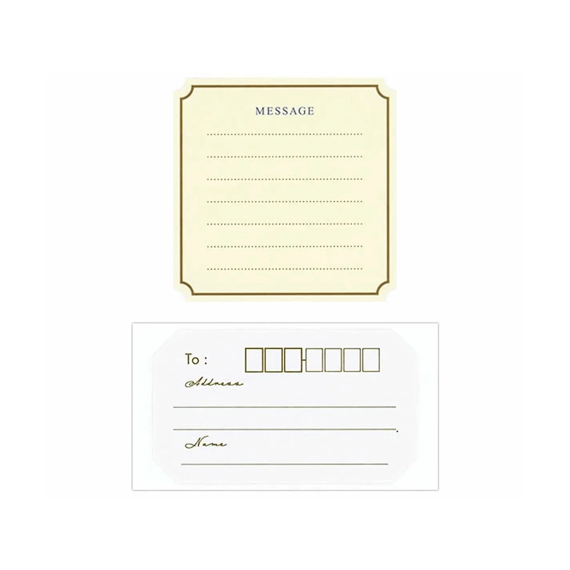 Set of address labels with a message card on a white background