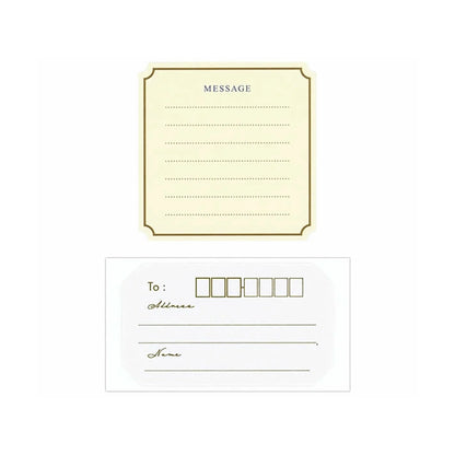 Set of address labels with a message card on a white background
