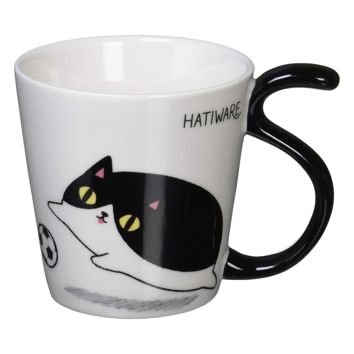 Porcelain mug featuring Hachiware the tuxedo cat chasing a soccer ball with a black tail-shaped handle