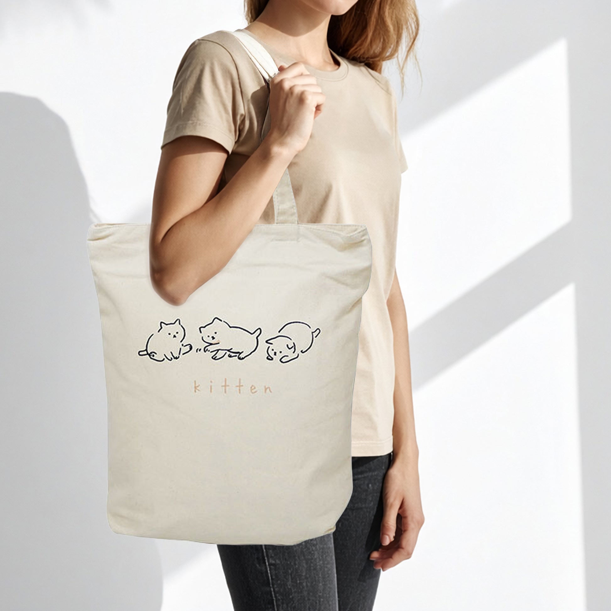 Kitten Tall Vertical Canvas Tote Bag (Natural Canvas) – Zip-Top + Inner Pocket by Julymoon