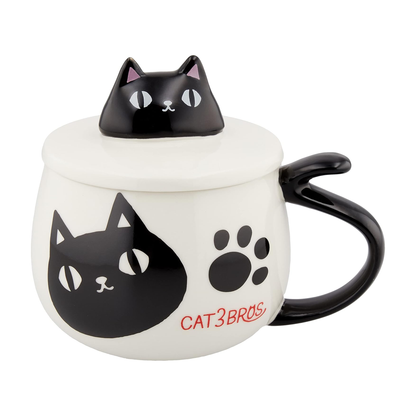 3 Cat Brothers Kuro mug with ceramic lid featuring sculpted black cat top and tail-shaped handle