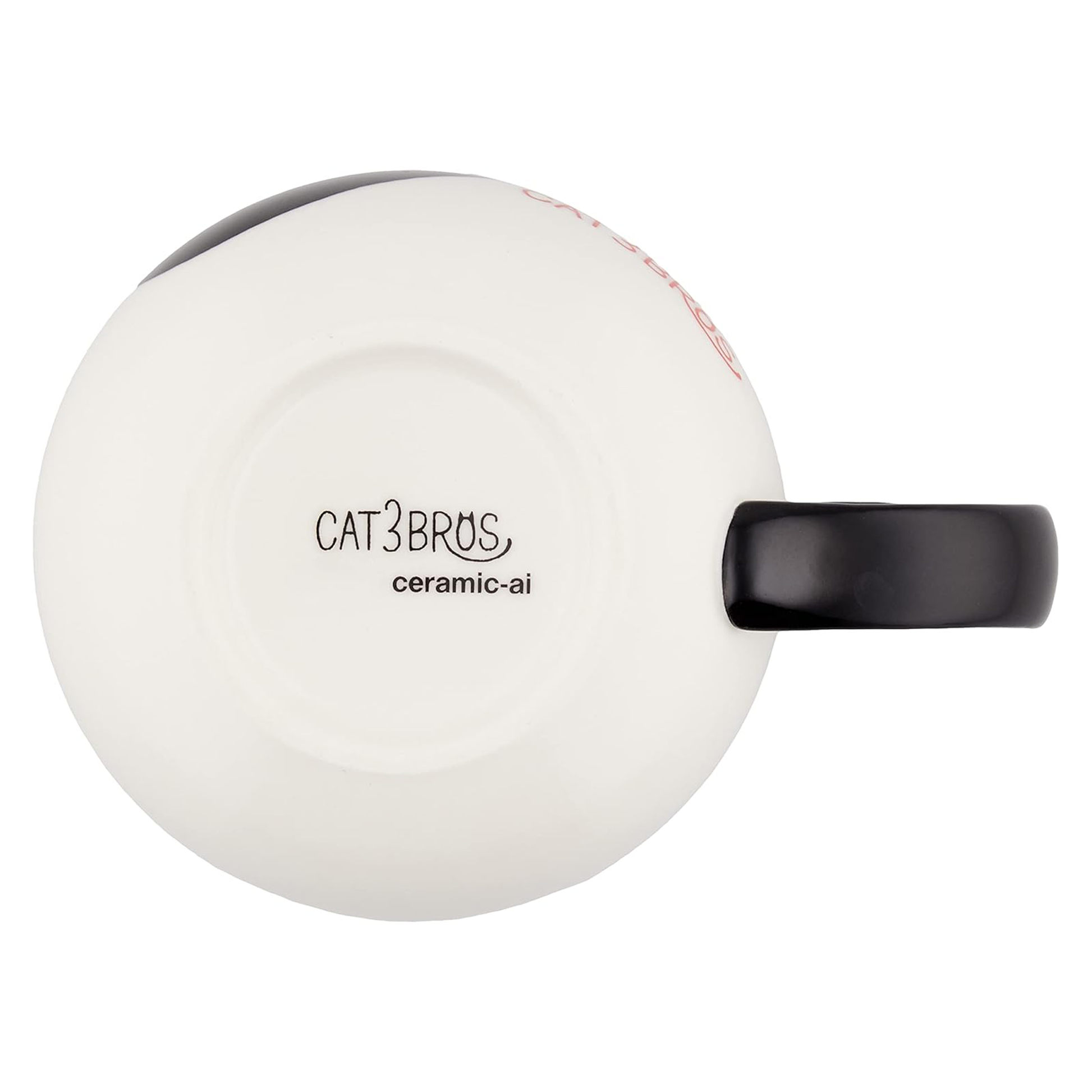 Bottom view of Kuro black cat porcelain mug from 3 Cat Brothers series with CAT3BROS branding