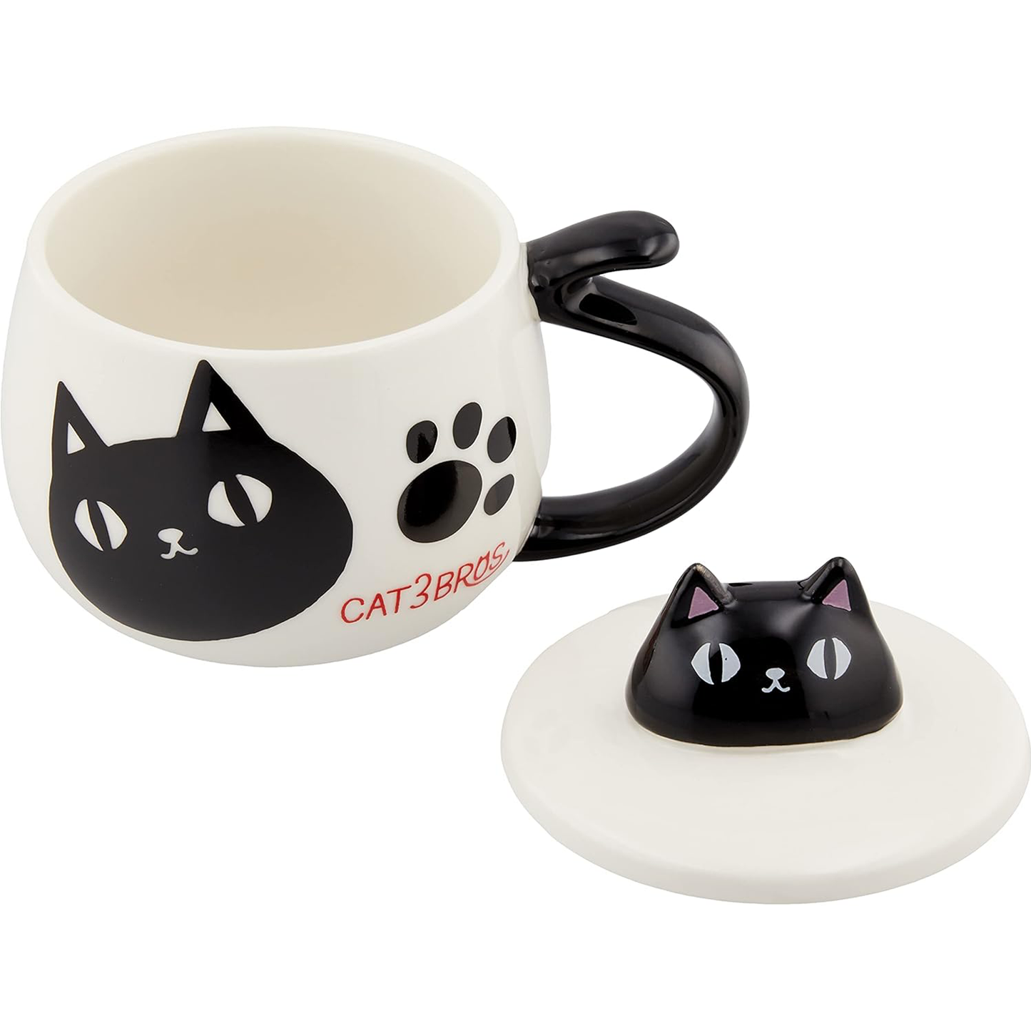 Kuro black cat porcelain mug with paw print and tail handle, shown with matching ceramic lid