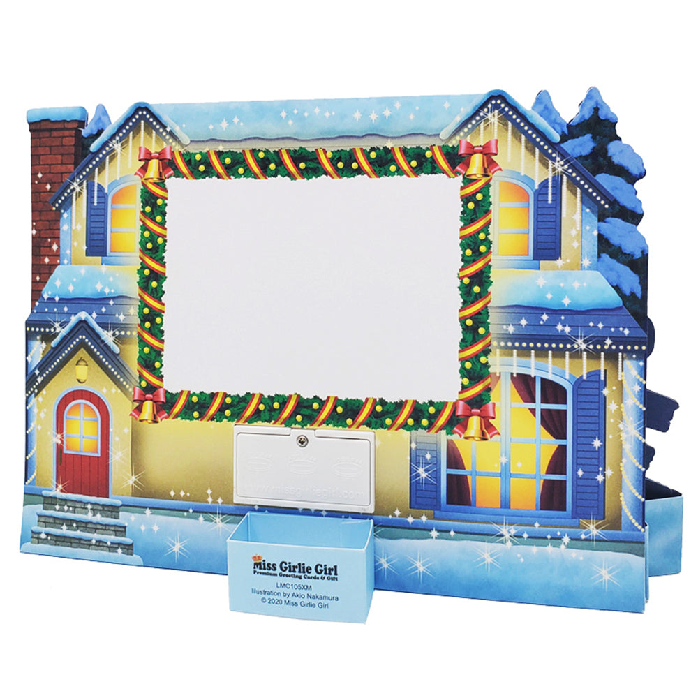 Christmas card featuring a glowing 3D home and holiday music with a replaceable battery