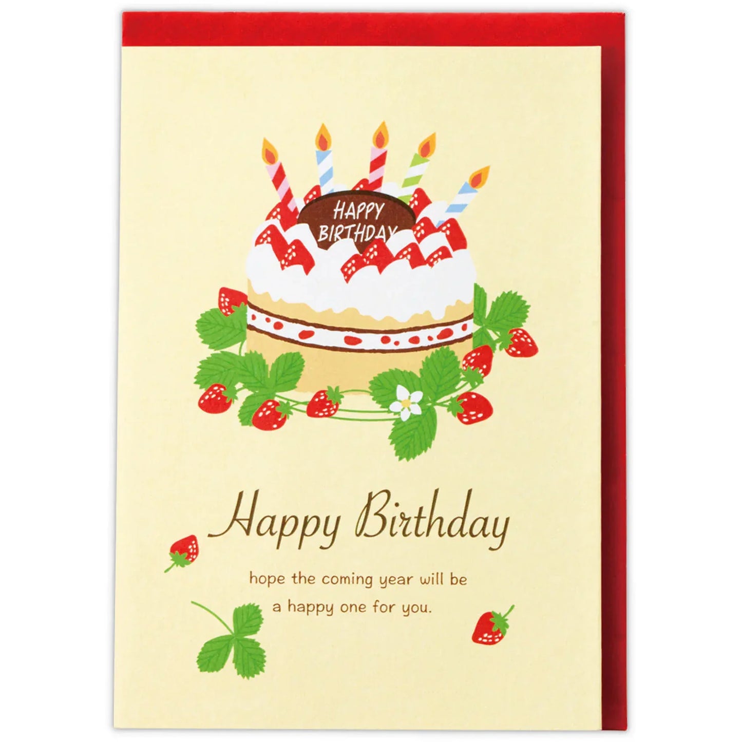 Birthday card with a cake illustration and 'Happy Birthday' text on a beige background with red envelope.