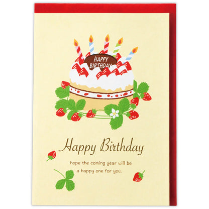 Birthday card with a cake illustration and 'Happy Birthday' text on a beige background with red envelope.