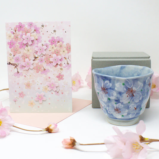 Cherry Blossom Gift Set – Yayoihana Blue Sakura Yunomi Teacup & Elegant Sakura Card from Japan