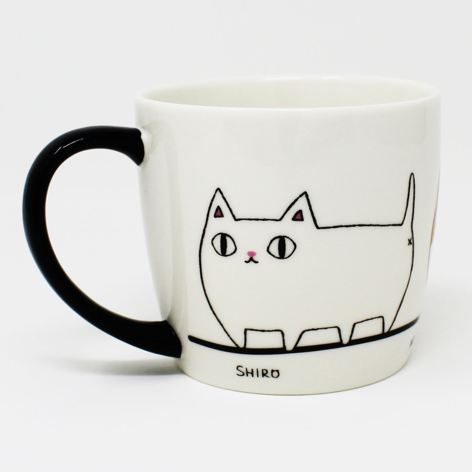 White porcelain mug with black handle and marching cat illustration – 3 Cat Brothers: Kuro, Shiro, Mile