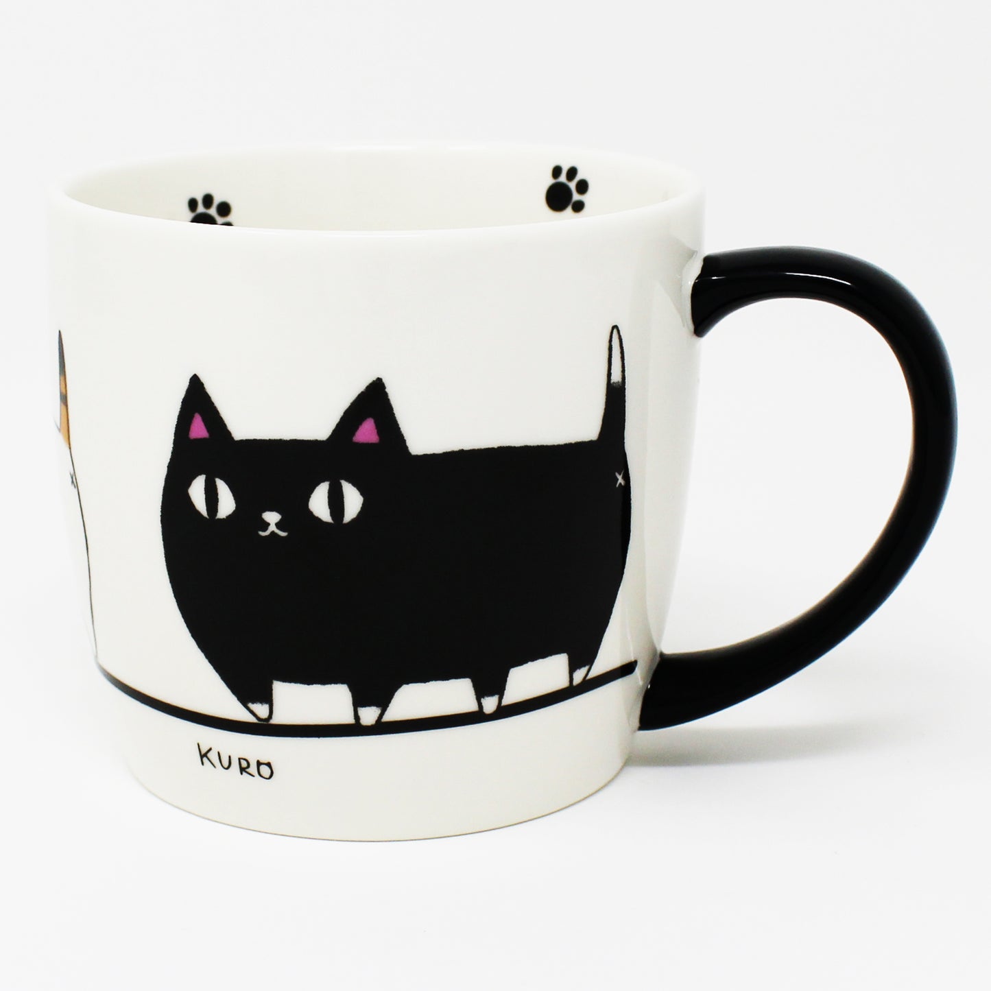 White porcelain mug with black handle and marching cat illustration – 3 Cat Brothers: Kuro, Shiro, Mile