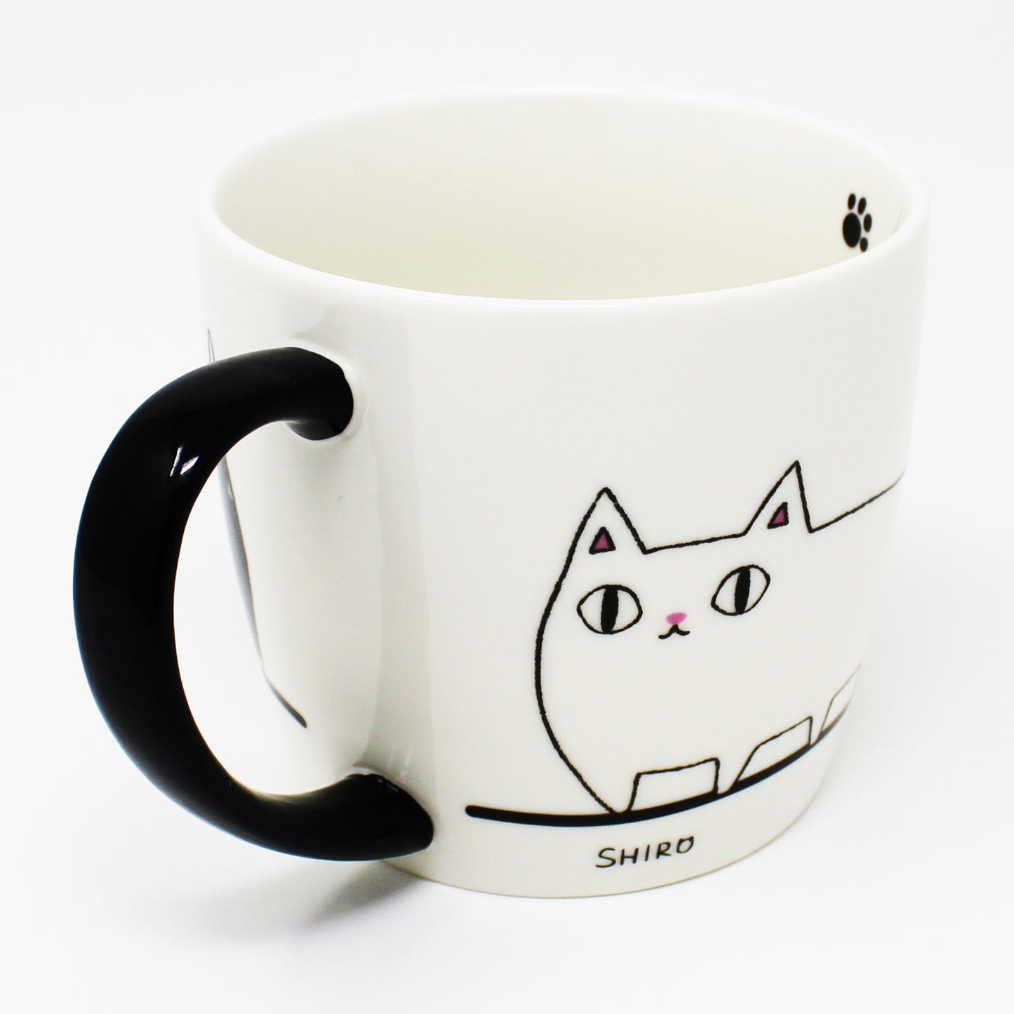 White porcelain mug with black handle and marching cat illustration – 3 Cat Brothers: Kuro, Shiro, Mile