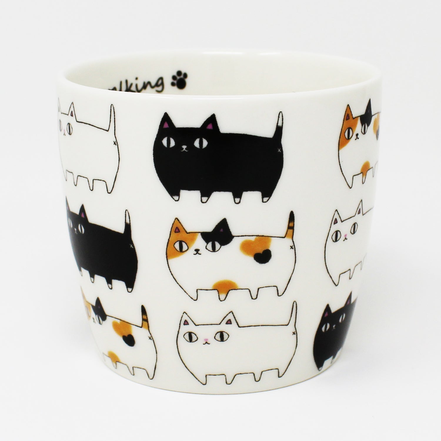 3 Cat Brothers Cat Parade Mug – White porcelain mug featuring Kuro, Shiro, and Mike marching around in a continuous pattern, with a black paw print inside and black handle – Nyan-ya Series from Japan